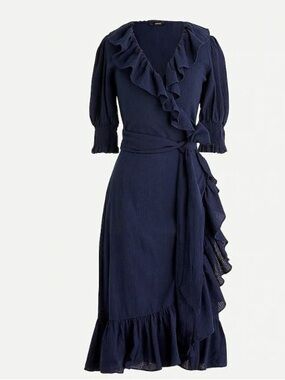 J. Crew Navy Ruffle Tie-Waist Midi Dress